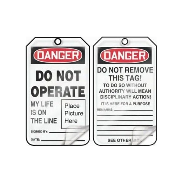 Accuform Safety Tags, DANGER DO NOT OPERATE MY LIFE IS ON, 5.75in x 3.25in, Self-Laminating PF-Cardstock, 5PK MDT016LCM - main
